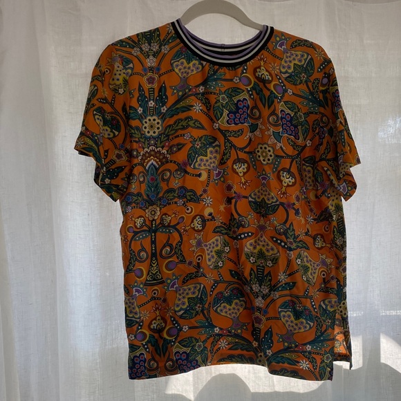 LA DoubleJ Orange Patterned Short Sleeve Silk Tee - Picture 1 of 4